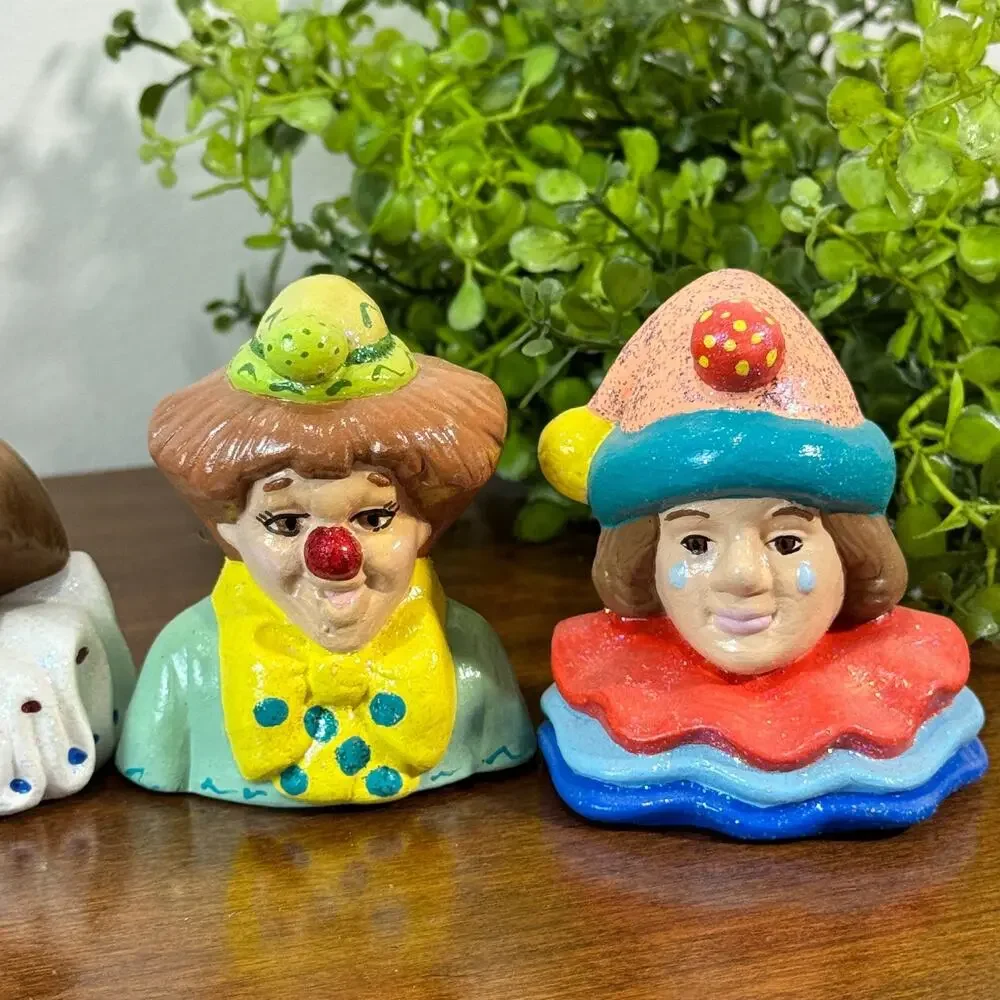Vintage Handmade Ceramic Clown Cake Toppers Set of 4 Circus Heads Figurines